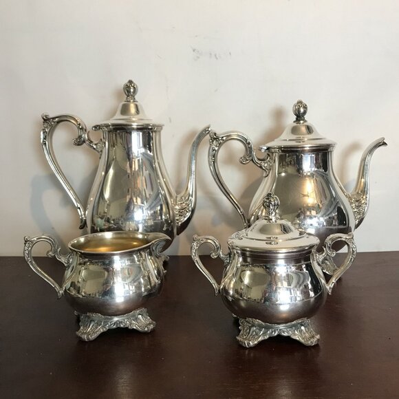 VTG Silverplate Tea & Coffee Set Wm Rogers & Sons Victorian Rose 1902 - Picture 4 of 15